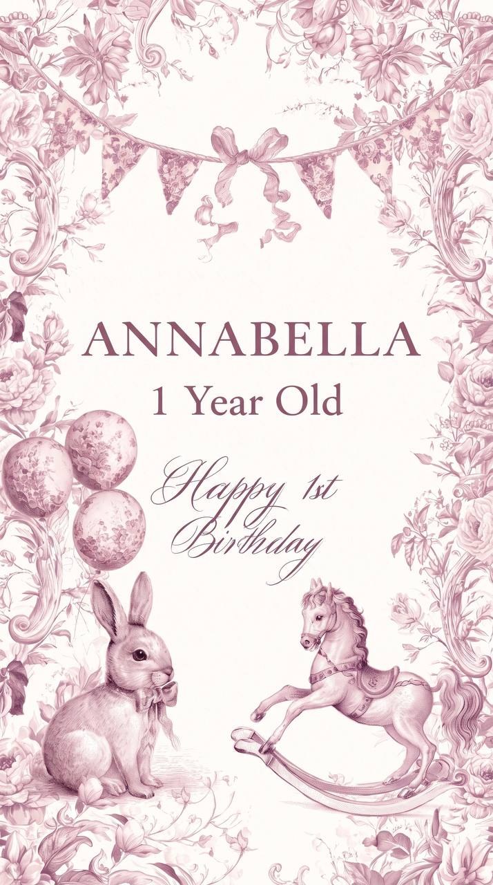 Birthday invitation for Annabella, one year old: bunting with a bow, balloons, a bunny and a rocking horse in rose toile engraving